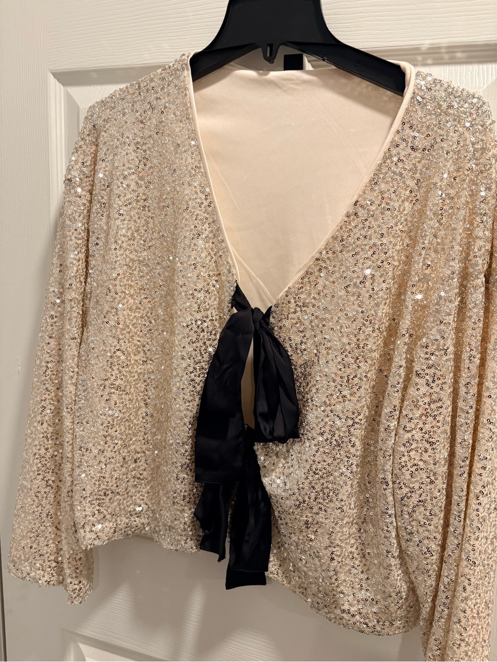 Champagne Sequin Tie-Front Top with Black Satin Bows✨